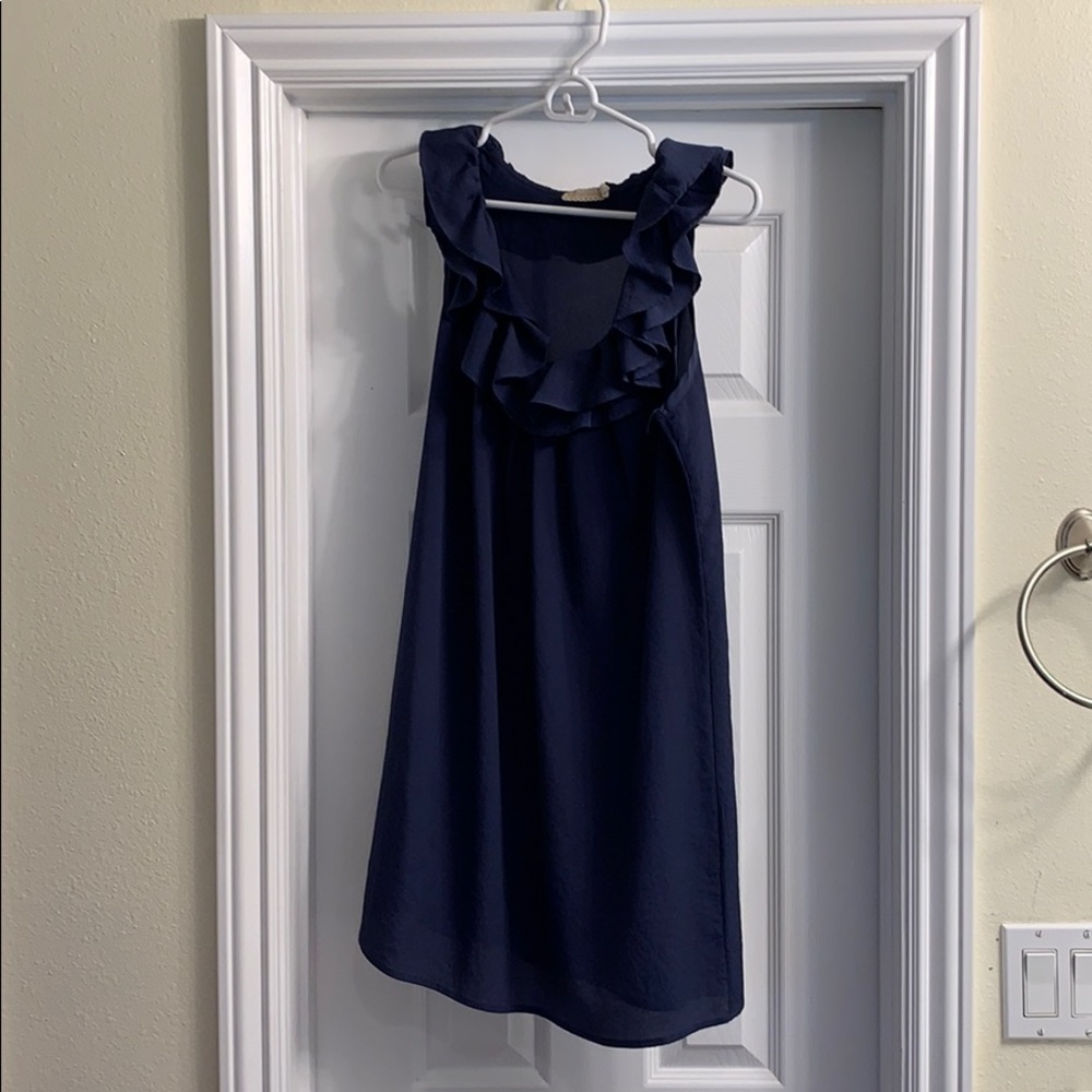 Sleeveless Navy Blue Dress with Ruffle Collar